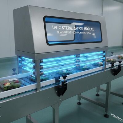 Module de stérilisation UV-C monté sur convoyeur modulaire pour lignes d'emballage alimentaire transparentes