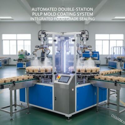 Système de revêtement automatique à double station de la pâte à papier pour l'étanchéité intégrée des emballages de pâte de canne à sucre et de paille