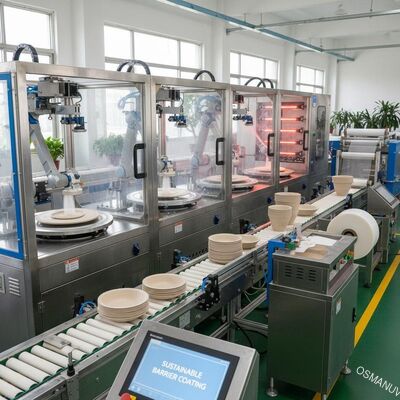 Ligne de revêtement en rotation durable pour les ustensiles de table en pâte à papier pour la production d'emballages biodégradables à barrière imperméable