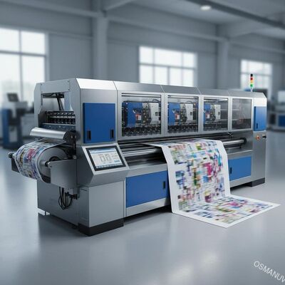 Imprimante numérique à bande passante à grande vitesse avec une vitesse d'impression de 150 m/min, personnalisable jusqu'à une largeur de 2500 mm et configuration CMYK + blanc + vernis