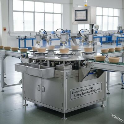 Ligne de revêtement par centrifugation rotative standard à six stations pour le revêtement barrière interne de pâte moulée