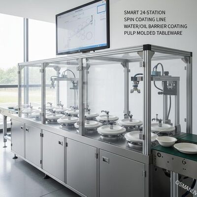 Ligne de revêtement à rotation intelligente de 24 stations pour revêtement à barrière eau/huile de la vaisselle moulée en pâte