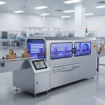 Machine de stérilisation UV à grande vitesse pour les emballages alimentaires. Désinfection continue en ligne.