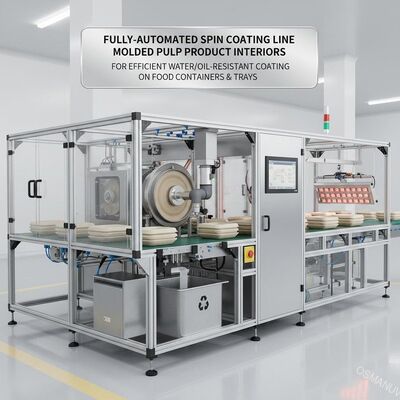 Ligne de revêtement par centrifugation entièrement automatisée pour les intérieurs de produits en pâte moulée | Pour un revêtement efficace résistant à l'eau/à l'huile sur les contenants et plateaux alimentaires