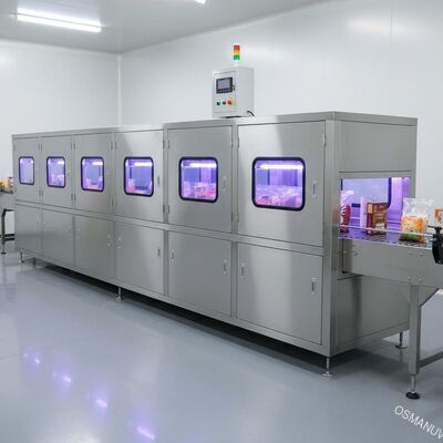Tunnel industriel de stérilisation UV pour les emballages alimentaires et les articles en vrac - Système en ligne transporté